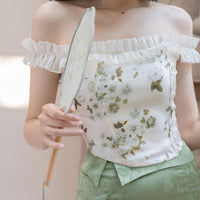 One-shoulder bralette top green jacquard print half skirt two-piece