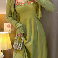 Design sense three-dimensional flowers green halter dress long sleeve