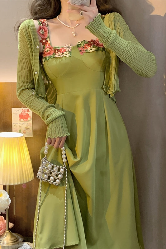 Design sense three-dimensional flowers green halter dress long sleeve