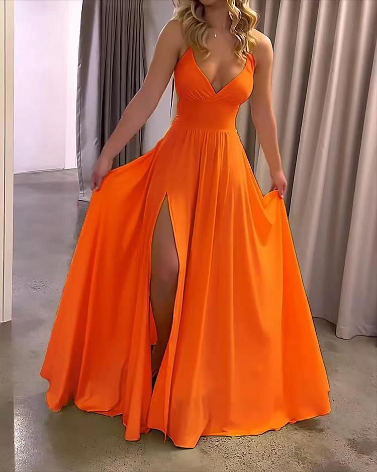 Strap Solid Color Slit Dress