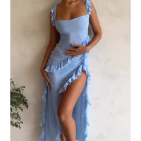 Blue Slit pleated strapless dress