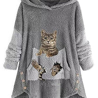 Casual Oversized Cat Print Hooded Sherpa Hoodies