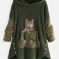 Casual Oversized Cat Print Hooded Sherpa Hoodies